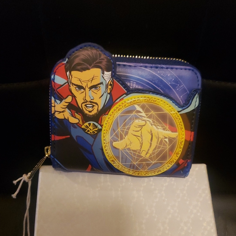 LOUNGEFLY NWT  Doctor Strange  Blue and Yellow Zip Wallet